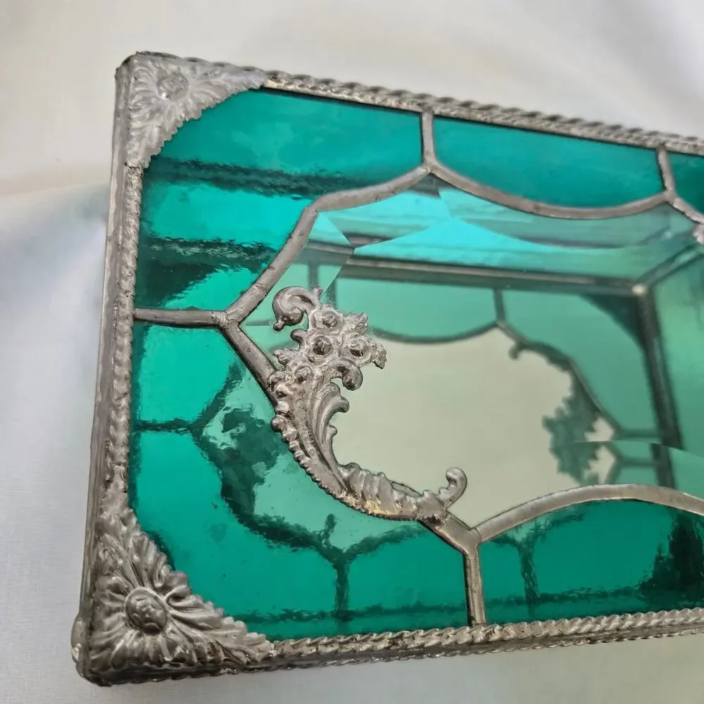 Teal Green Stained Glass Mirrored Jewelry Box Trinket Box Beveled and Waterglass
